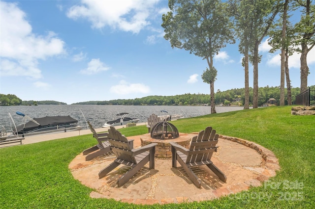 55 Toxaway Shrs Unit 14, Lake Toxaway, NC 28747 - view of grassy yard featuring an outdoor fire pit, a water view, and a dock