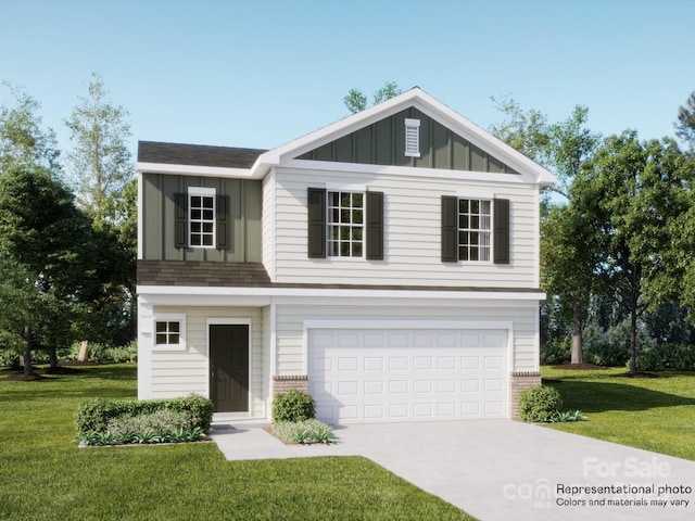 2118 Columbidae Ln, Gastonia, NC 28052 - view of front facade with board and batten siding, an attached garage, driveway, a front lawn, and brick siding