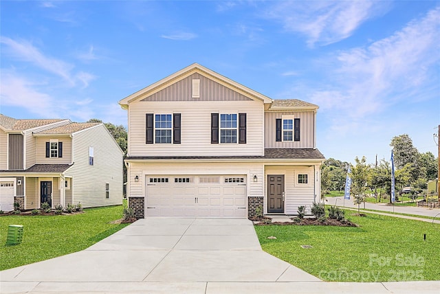 2118 Columbidae Ln, Gastonia, NC 28052 - view of front of home featuring board and batten siding, driveway, an attached garage, and a front lawn