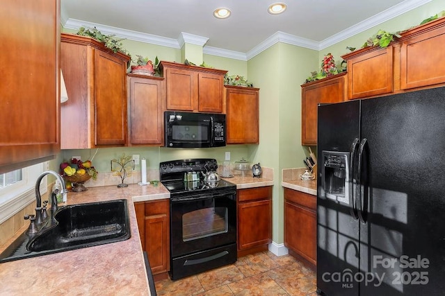 387 Goodview Dr, Hendersonville, NC 28792 - kitchen featuring black appliances, light countertops, brown cabinets, ornamental molding, and recessed lighting