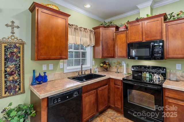 387 Goodview Dr, Hendersonville, NC 28792 - kitchen featuring black appliances, light countertops, ornamental molding, and brown cabinetry
