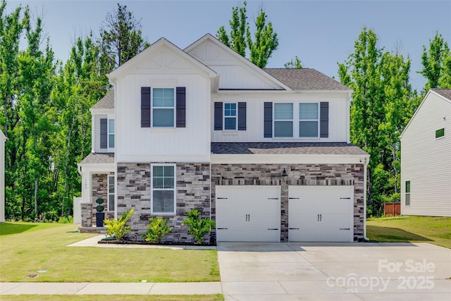 1195 Cavalier Ln, Rock Hill, SC 29730 - craftsman-style house featuring board and batten siding, an attached garage, a front lawn, and stone siding