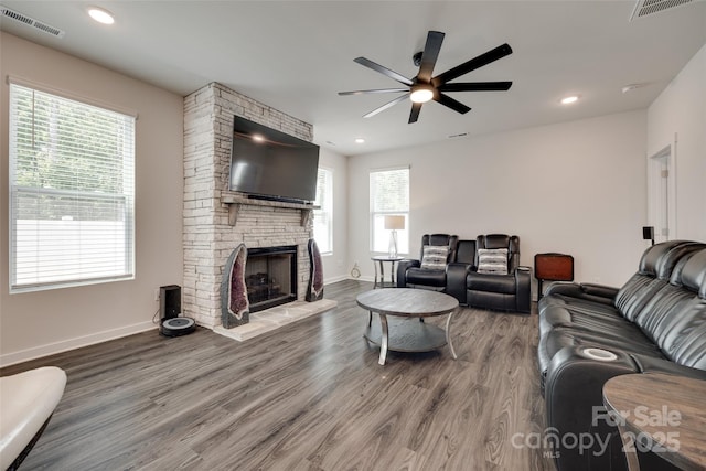 1195 Cavalier Ln, Rock Hill, SC 29730 - living area featuring a ceiling fan, wood finished floors, a fireplace, baseboards, and recessed lighting