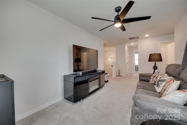 1195 Cavalier Ln, Rock Hill, SC 29730 - living room featuring ceiling fan, light carpet, baseboards, and recessed lighting