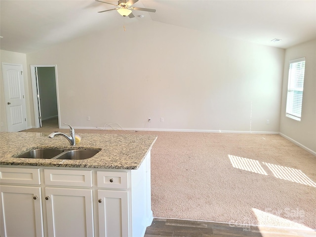 1195 Winding Creek Rd, Salisbury, NC 28146 - kitchen featuring a sink, ceiling fan, white cabinetry, light stone countertops, and vaulted ceiling