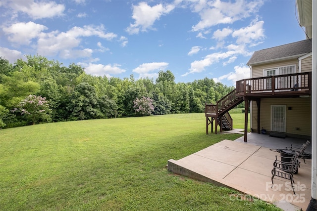 4201 Amber Leigh Way Dr, Charlotte, NC 28269 - view of green lawn with stairs, a patio area, and a wooden deck