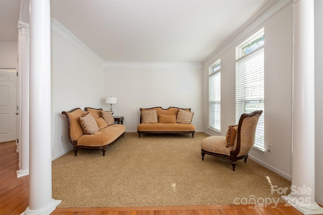 4201 Amber Leigh Way Dr, Charlotte, NC 28269 - sitting room with decorative columns, ornamental molding, and carpet