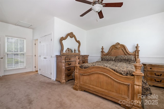4201 Amber Leigh Way Dr, Charlotte, NC 28269 - bedroom with light carpet, attic access, and ceiling fan