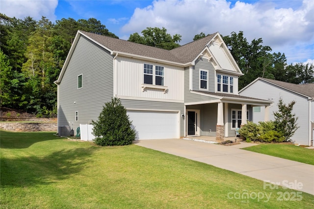3212 Gilroy Dr, Fort Mill, SC 29707 - craftsman-style home with an attached garage, a front lawn, concrete driveway, a porch, and roof with shingles