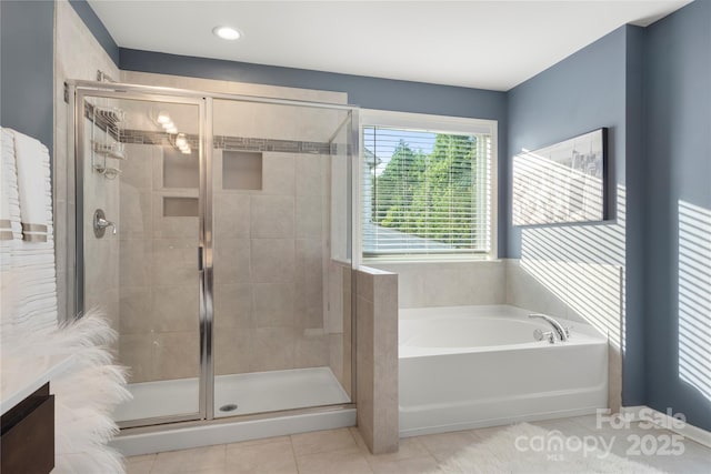 3212 Gilroy Dr, Fort Mill, SC 29707 - full bathroom featuring a bath, a shower stall, tile patterned floors, and vanity