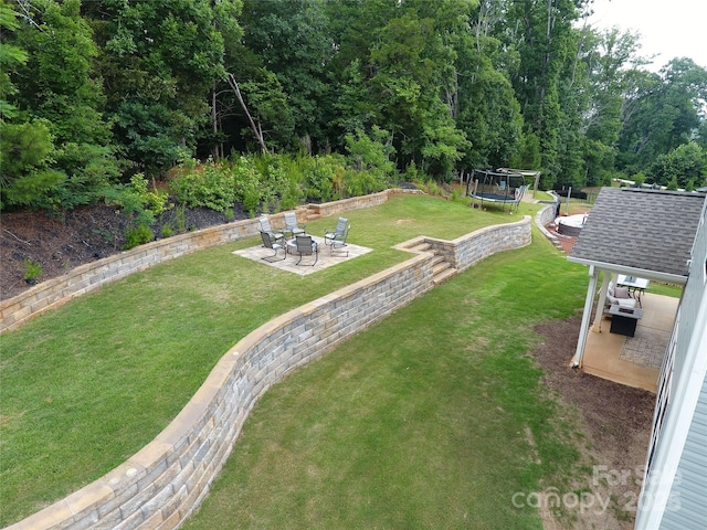 3212 Gilroy Dr, Fort Mill, SC 29707 - view of grassy yard with a trampoline, a patio area, and a fire pit
