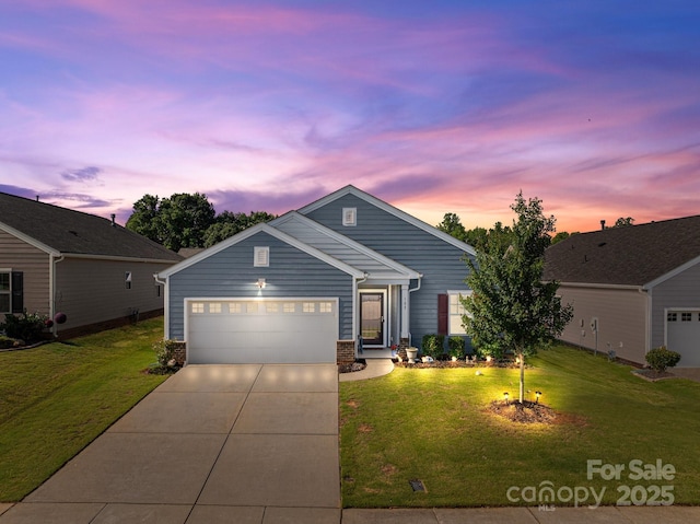 185 Willow Valley Dr, Mooresville, NC 28115 - ranch-style house with an attached garage, a front lawn, concrete driveway, and brick siding