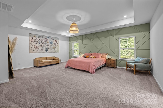 229 Cramerton Mills Parkway, Cramerton, NC 28032 - carpeted bedroom featuring a raised ceiling, recessed lighting, baseboards, and multiple windows