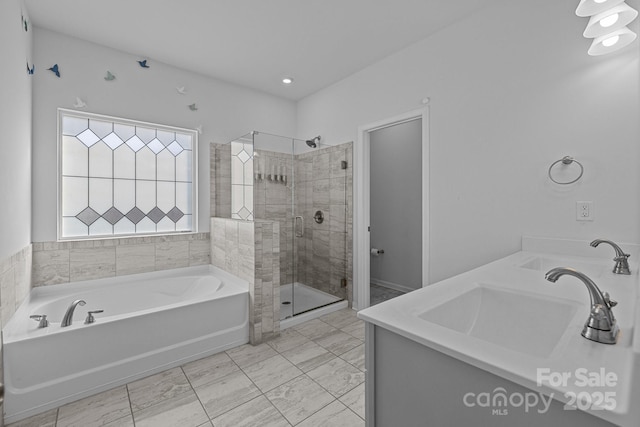 229 Cramerton Mills Parkway, Cramerton, NC 28032 - bathroom featuring a shower stall, a garden tub, and double vanity