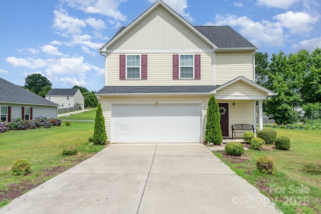 635 Scarlet Leaf Ln, Oakboro, NC 28129 - traditional-style home featuring a garage, a front lawn, concrete driveway, board and batten siding, and a porch