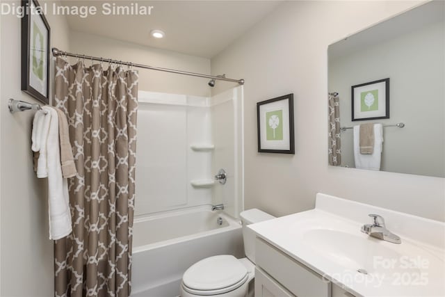 10127 Florentine Way, Charlotte, NC 28214 - bathroom with vanity, toilet, shower / bathtub combination with curtain, and recessed lighting
