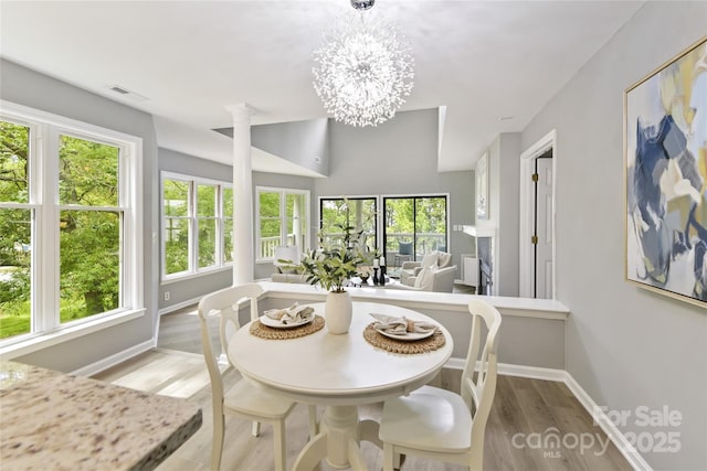 303 NW Dr, Davidson, NC 28036 - dining area with plenty of natural light, baseboards, wood finished floors, and a chandelier
