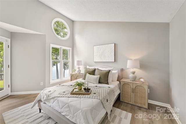 303 NW Dr, Davidson, NC 28036 - bedroom with wood finished floors, baseboards, a textured ceiling, and high vaulted ceiling
