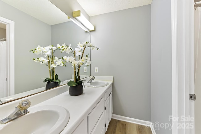 303 NW Dr, Davidson, NC 28036 - full bathroom with double vanity, wood finished floors, and baseboards