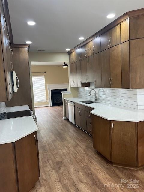 12378 Swan Wings Pl, Huntersville, NC 28078 - kitchen featuring a sink, dishwasher, a fireplace, wood finished floors, and light countertops