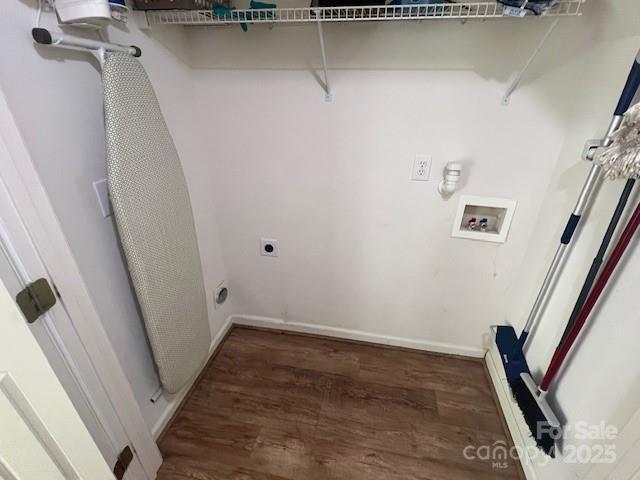 12378 Swan Wings Pl, Huntersville, NC 28078 - washroom with wood finished floors, washer hookup, hookup for an electric dryer, baseboard heating, and baseboards