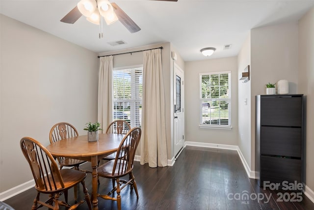 1925 Sandal Brook Rd, Indian Land, SC 29707 - dining room featuring baseboards, a ceiling fan, and dark wood finished floors