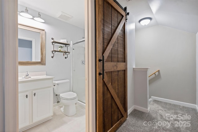 1925 Sandal Brook Rd, Indian Land, SC 29707 - full bathroom featuring vanity, a shower stall, toilet, and lofted ceiling