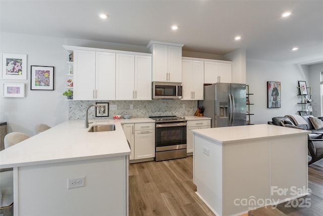 819 Anderson St, Charlotte, NC 28205 - kitchen featuring appliances with stainless steel finishes, a sink, backsplash, light countertops, and light wood-type flooring