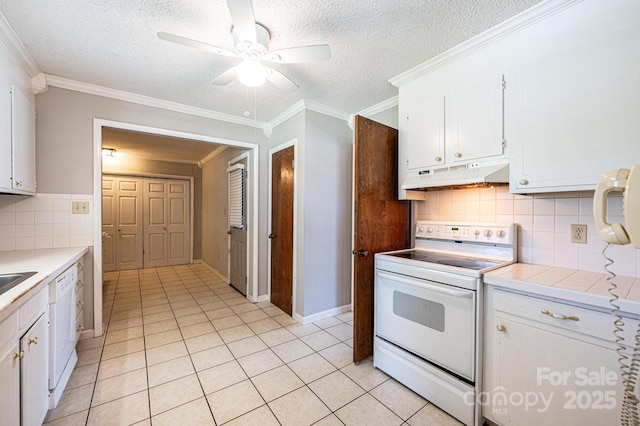2031 36th St NE, Hickory, NC 28601 - kitchen featuring white appliances, under cabinet range hood, a ceiling fan, white cabinets, and light tile patterned floors