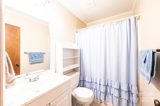 2031 36th St NE, Hickory, NC 28601 - full bath with vanity, toilet, crown molding, and a shower with shower curtain