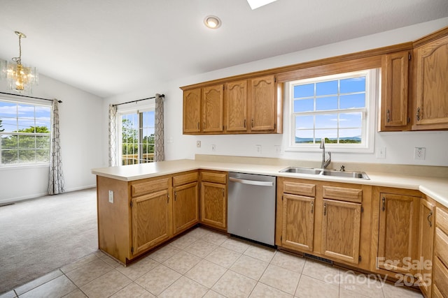 87 Collins Rd, Marshall, NC 28753 - kitchen with dishwasher, a sink, a peninsula, lofted ceiling, and light countertops
