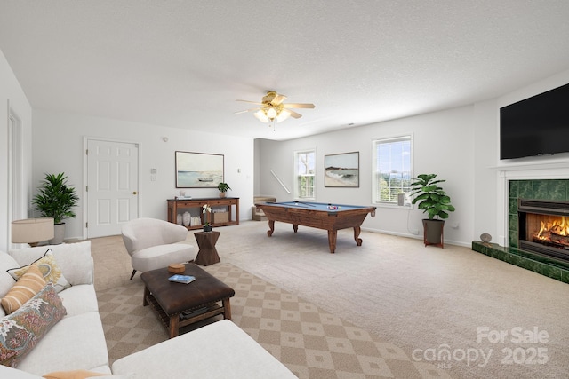 87 Collins Rd, Marshall, NC 28753 - playroom featuring light carpet, a fireplace, billiards table, ceiling fan, and baseboards