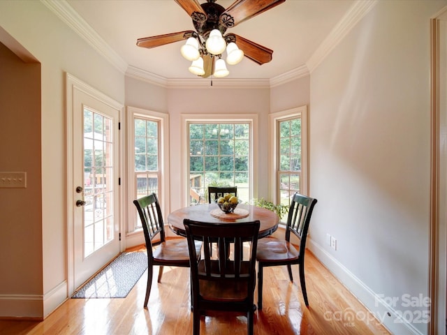 8101 Cane Pointe Ln, Waxhaw, NC 28173 - dining room featuring healthy amount of natural light, baseboards, light wood-style flooring, ornamental molding, and a ceiling fan