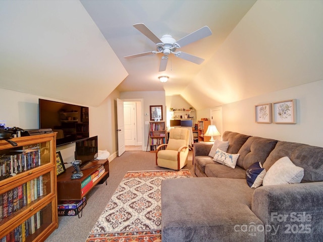 8101 Cane Pointe Ln, Waxhaw, NC 28173 - living area with carpet, lofted ceiling, a ceiling fan, and baseboards