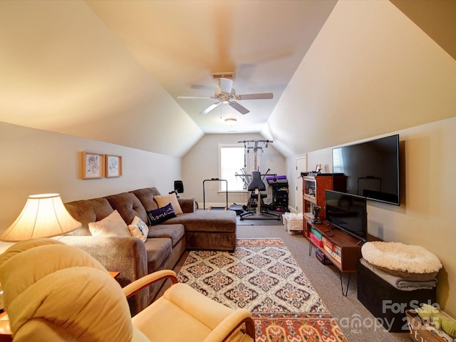 8101 Cane Pointe Ln, Waxhaw, NC 28173 - living area featuring carpet floors, vaulted ceiling, and a ceiling fan