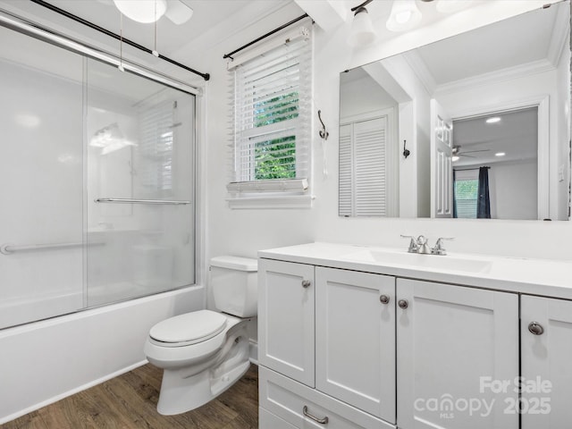 1238 Carl Allen Rd, Edgemoor, SC 29712 - bathroom featuring vanity, a ceiling fan, ornamental molding, toilet, and wood finished floors