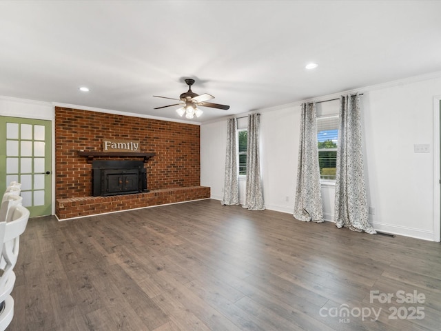 1238 Carl Allen Rd, Edgemoor, SC 29712 - unfurnished living room with crown molding, a ceiling fan, wood finished floors, a fireplace, and recessed lighting