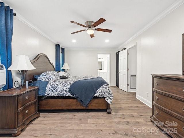 1238 Carl Allen Rd, Edgemoor, SC 29712 - bedroom featuring recessed lighting, ornamental molding, light wood finished floors, a ceiling fan, and ensuite bath