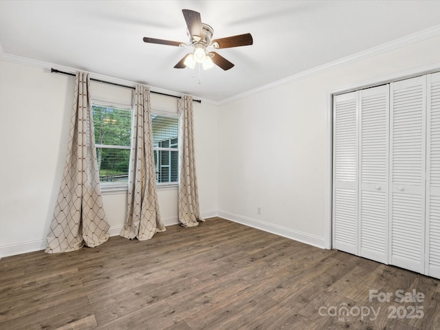 1238 Carl Allen Rd, Edgemoor, SC 29712 - unfurnished bedroom featuring wood finished floors, ornamental molding, a closet, and ceiling fan
