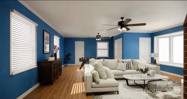 1238 Carl Allen Rd, Edgemoor, SC 29712 - living room featuring ornamental molding, ceiling fan, and wood finished floors