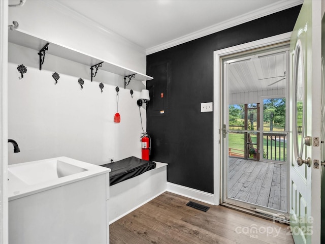 1238 Carl Allen Rd, Edgemoor, SC 29712 - mudroom with wood finished floors and ornamental molding