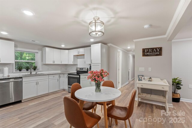 4410 Burgin St, Kannapolis, NC 28081 - kitchen featuring appliances with stainless steel finishes, tasteful backsplash, white cabinets, light stone countertops, and crown molding