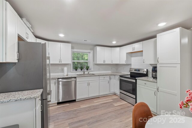 4410 Burgin St, Kannapolis, NC 28081 - kitchen featuring appliances with stainless steel finishes, backsplash, white cabinetry, recessed lighting, and light wood-style flooring