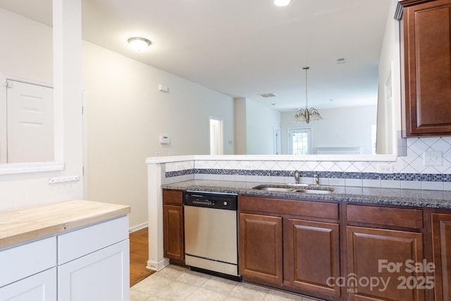 2180 Shady Pond Dr, Clover, SC 29710 - kitchen with stainless steel dishwasher, a sink, backsplash, and dark stone countertops