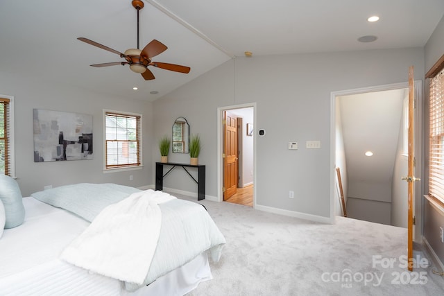 660 Ideal Way, Charlotte, NC 28203 - carpeted bedroom with vaulted ceiling, baseboards, recessed lighting, and ceiling fan