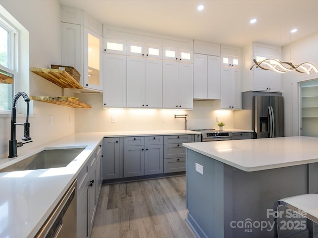 2004 Plain Field Dr, Bessemer City, NC 28016 - kitchen with a sink, stainless steel appliances, light wood-style floors, recessed lighting, and light countertops
