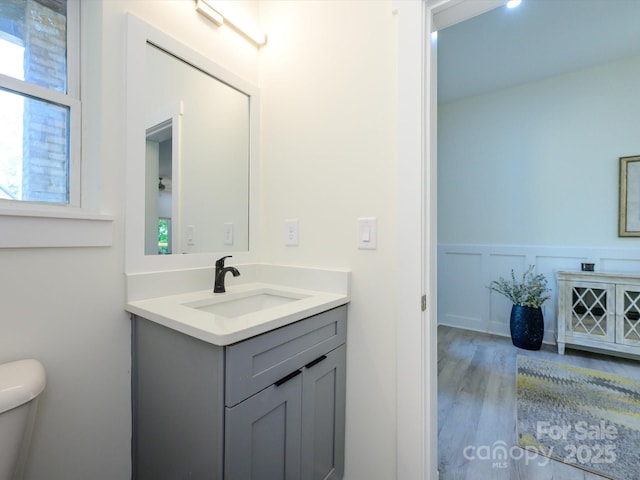 2004 Plain Field Dr, Bessemer City, NC 28016 - bathroom featuring healthy amount of natural light, vanity, toilet, and wood finished floors