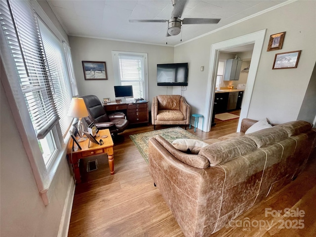 106 Peacock Ave, Lexington, NC 27292 - living area featuring light wood finished floors, ceiling fan, ornamental molding, and an office area