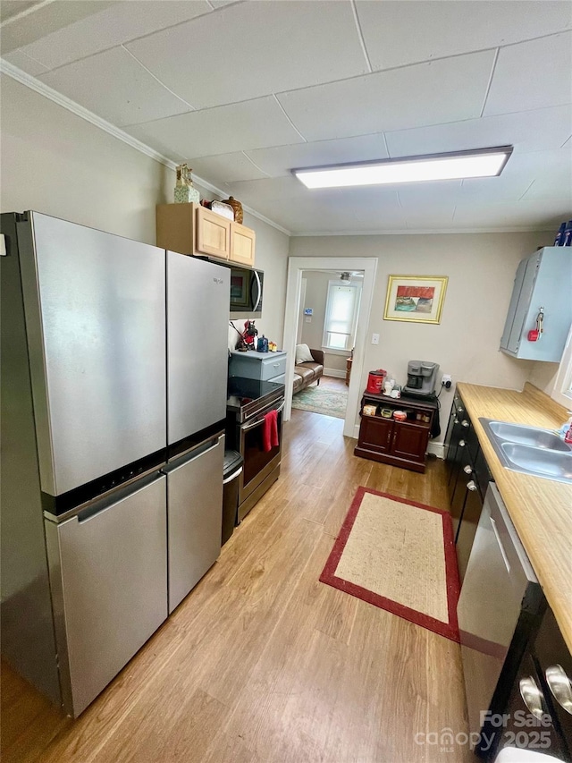106 Peacock Ave, Lexington, NC 27292 - kitchen featuring appliances with stainless steel finishes, a sink, light wood finished floors, crown molding, and light countertops