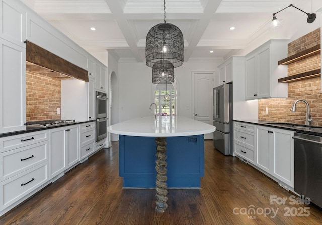 1108 Shinnecock Ln, Waxhaw, NC 28173 - kitchen with appliances with stainless steel finishes, open shelves, dark wood-style floors, white cabinets, and beam ceiling